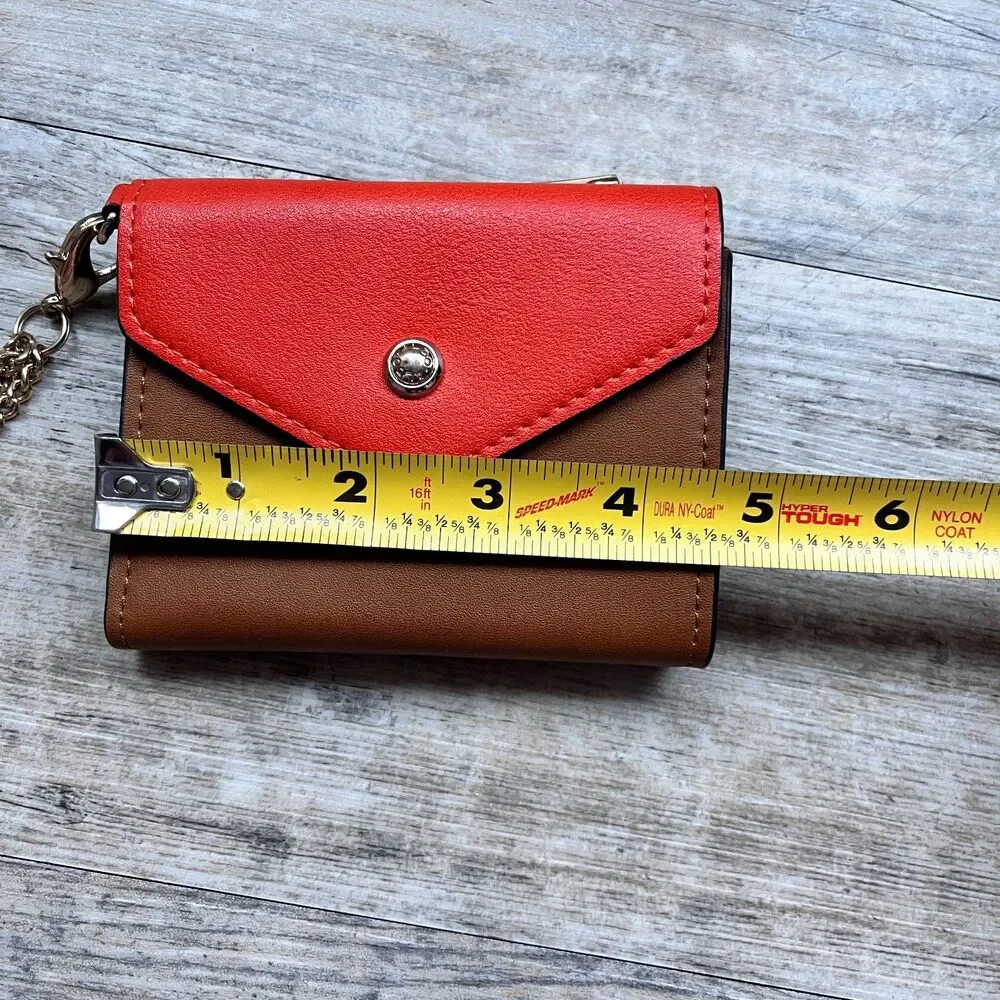 ALDO Leather Wallet Orange Brown Colorblock Chain Accent Compact Chic Fold